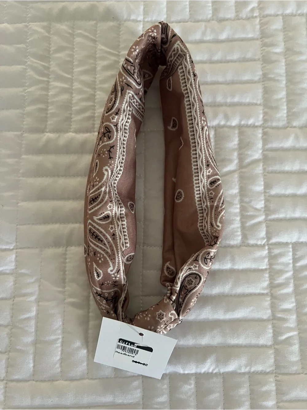 Taupe Paisley Twist Headband with Burnt Orange Black, Tan & Cream Coil Ties. NWT
